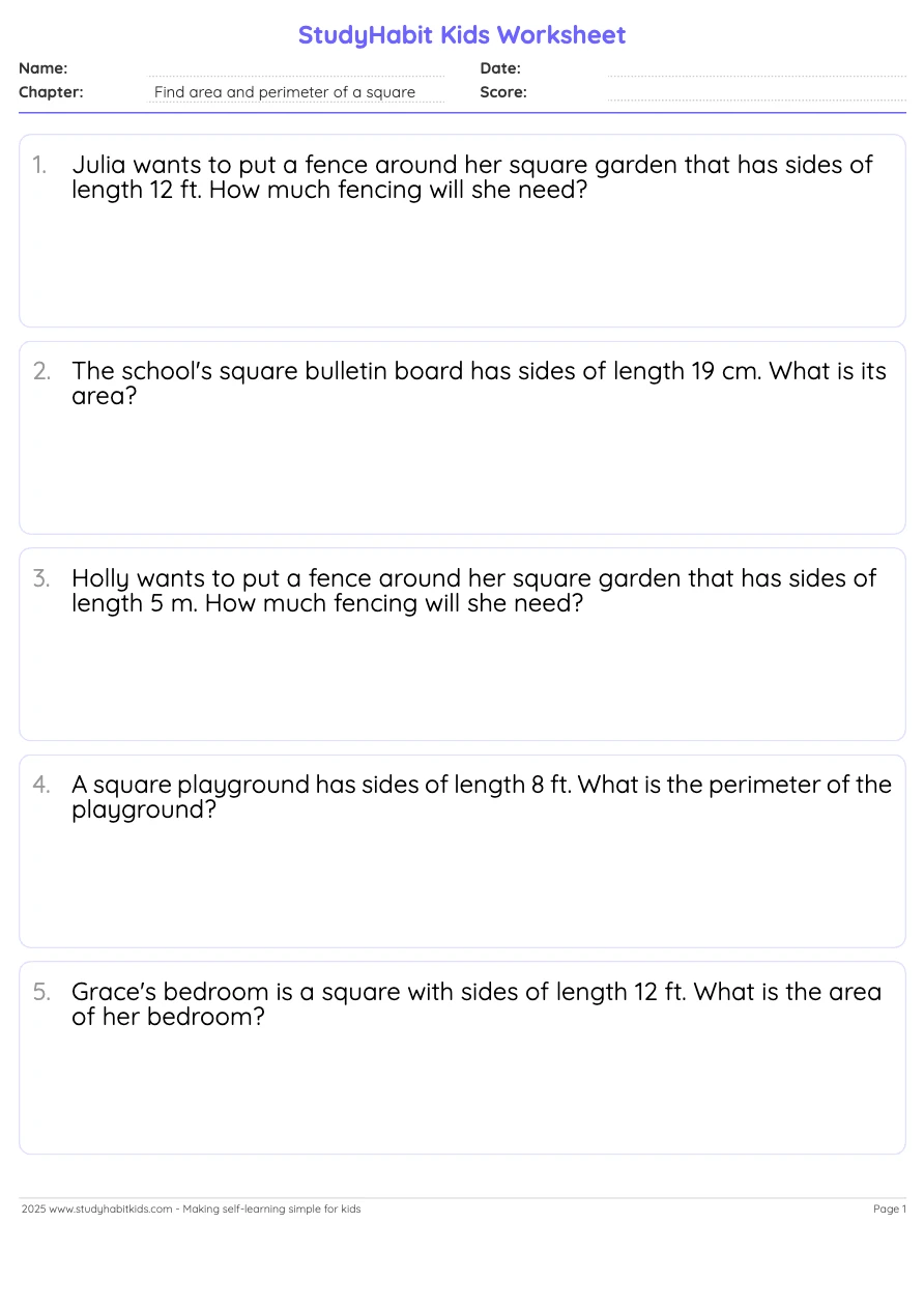 Fifth Grade Measurement Find area and perimeter of a square worksheet ...
