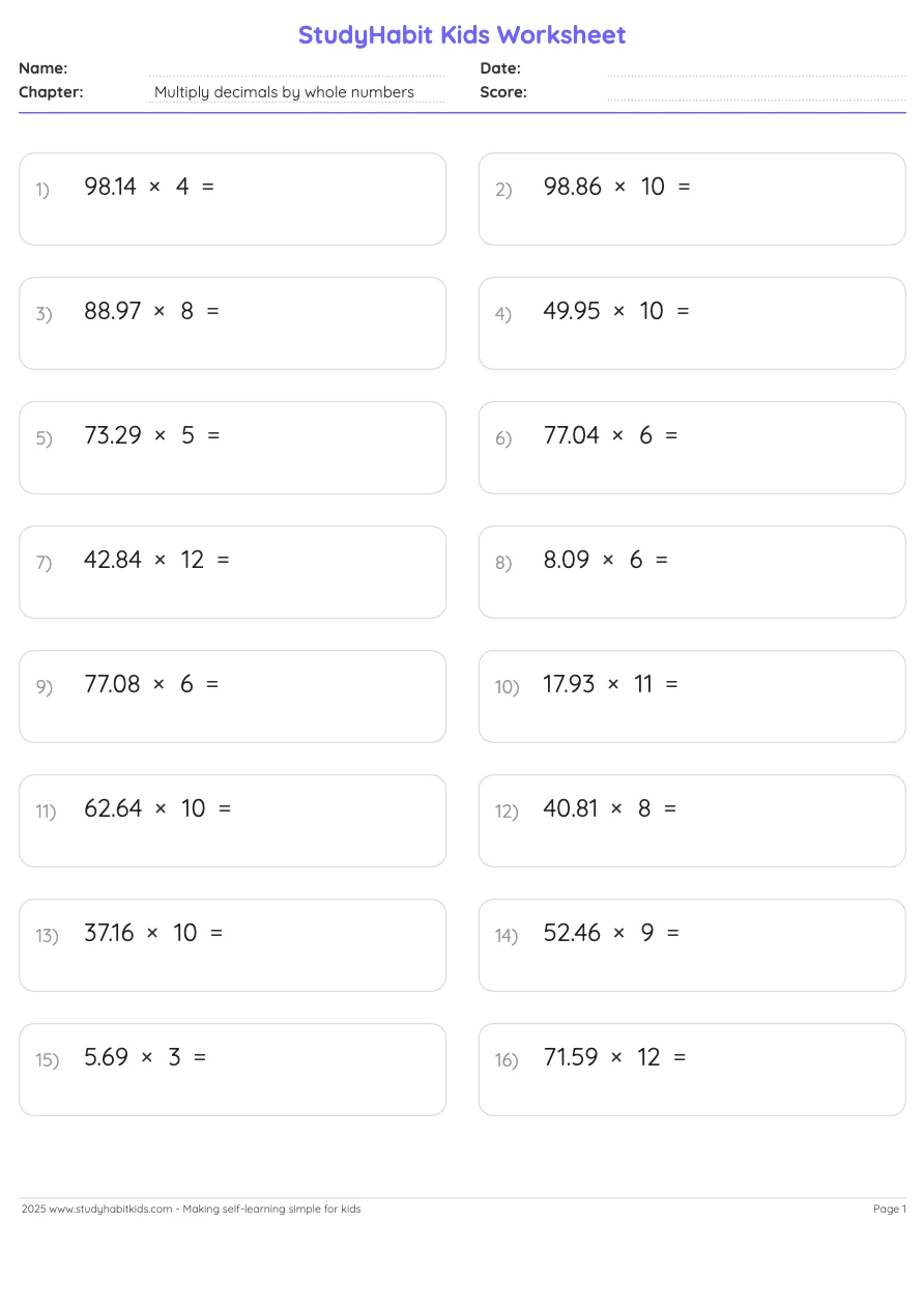 Fifth Grade Multiplication Multiply decimals by whole numbers worksheet ...