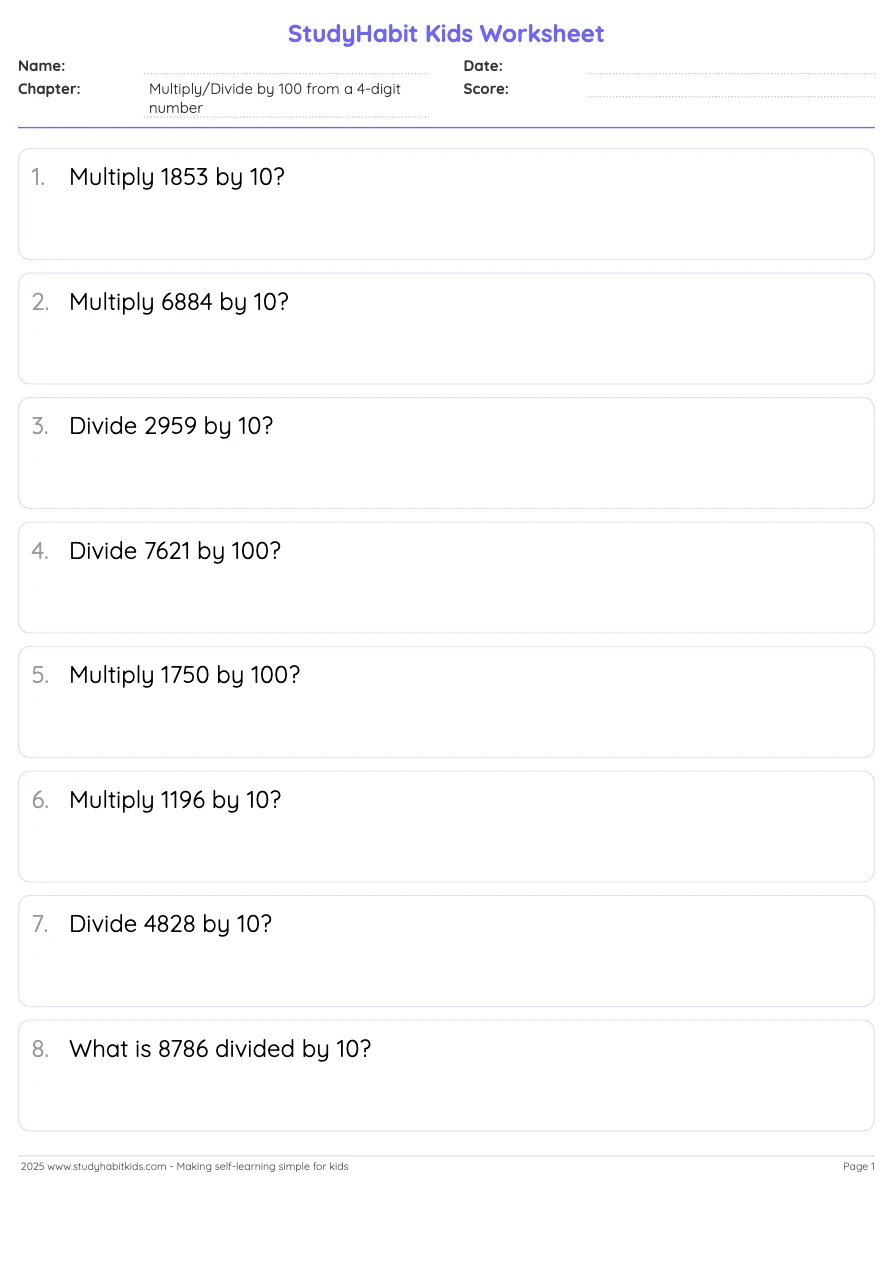 Fifth Grade Place Value Multiply/Divide by 100 from a 4-digit number ...