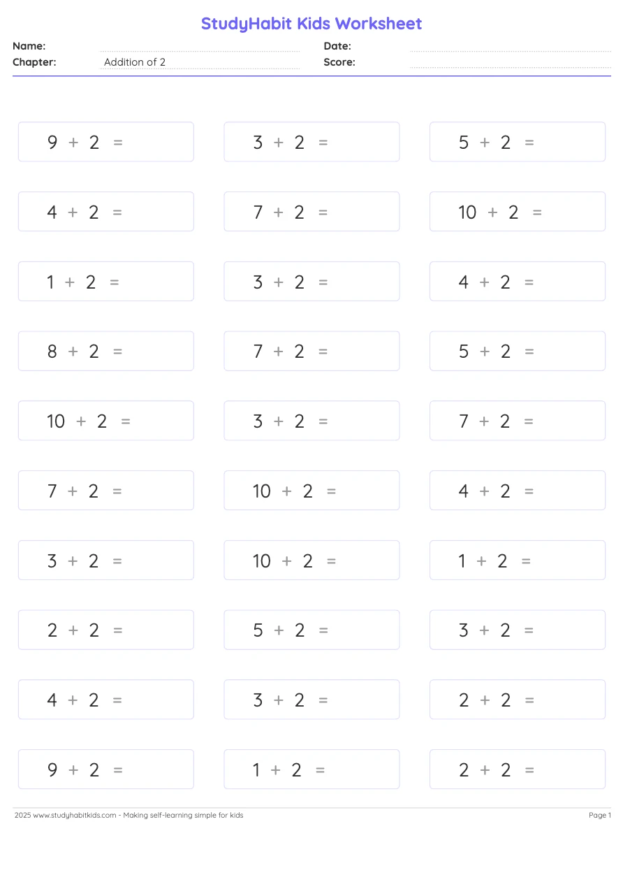 First Grade Addition Worksheets | Addition of 2 with numbers upto 10, image size:892x1262