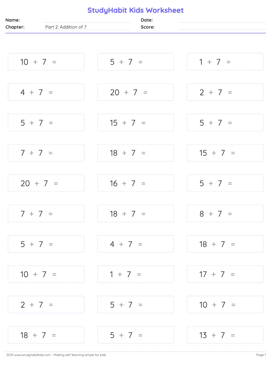 First Grade Addition Addition of 7 with numbers upto 20 worksheet ...