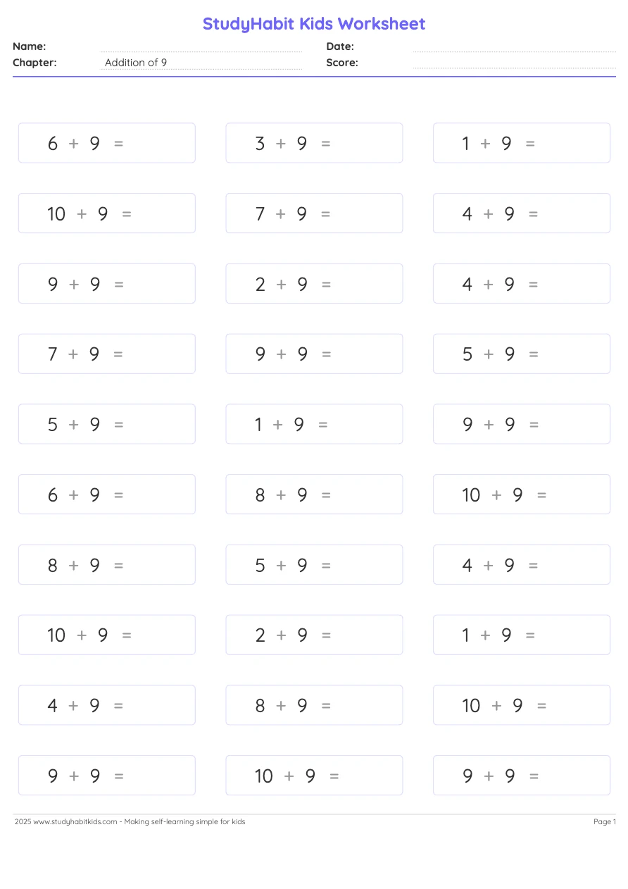 First Grade Addition Addition of 9 with numbers upto 10 worksheet ...
