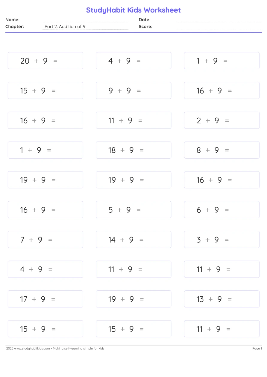 First Grade Addition Worksheets | Addition of 9 with numbers upto 20, image size:892x1262