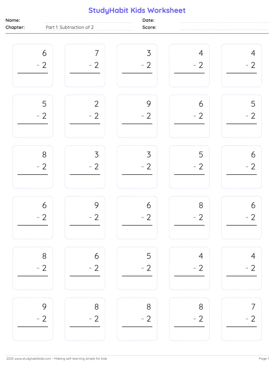 First Grade Subtraction Part 1 Subtraction Of 2 Worksheet Preview