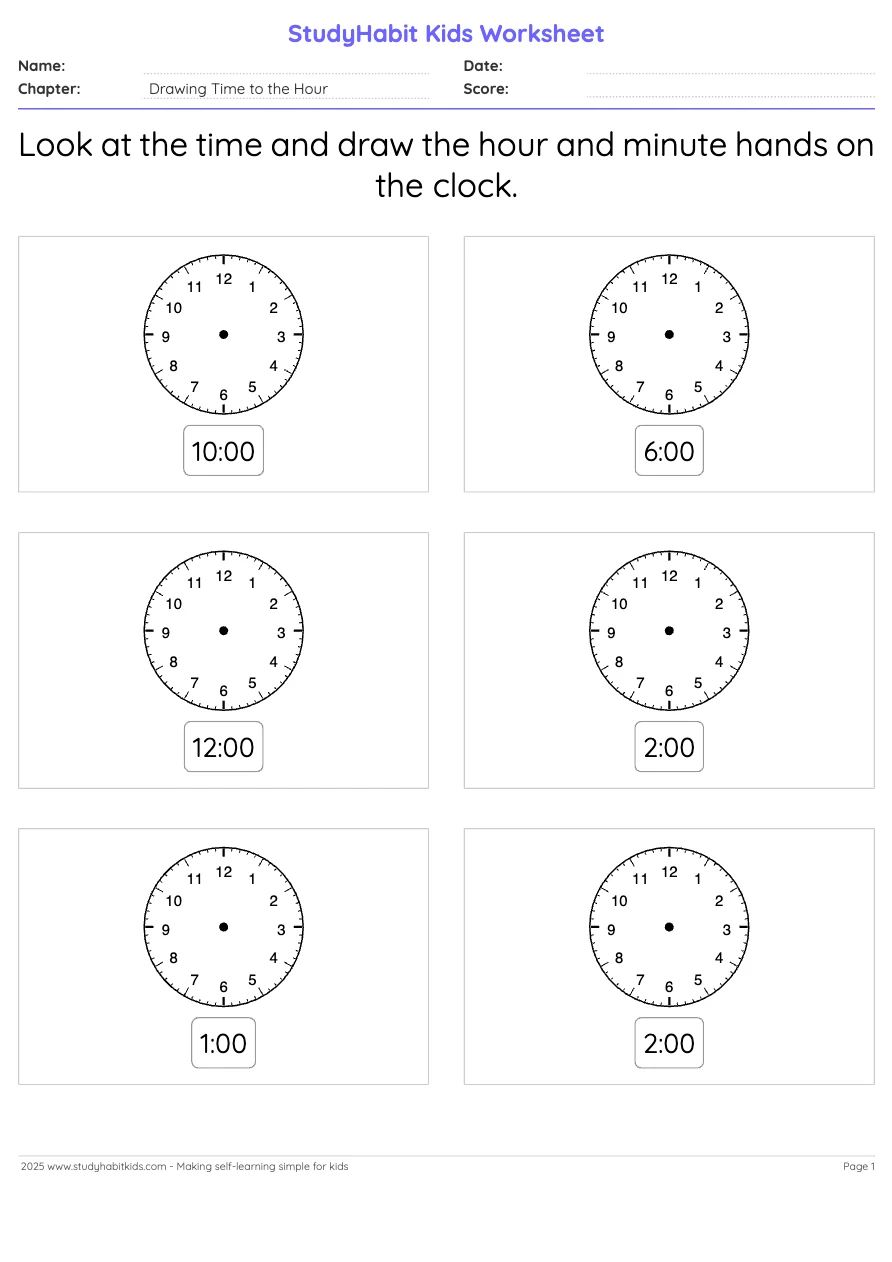 First Grade Time Draw clock hands to represent time to the hour ...
