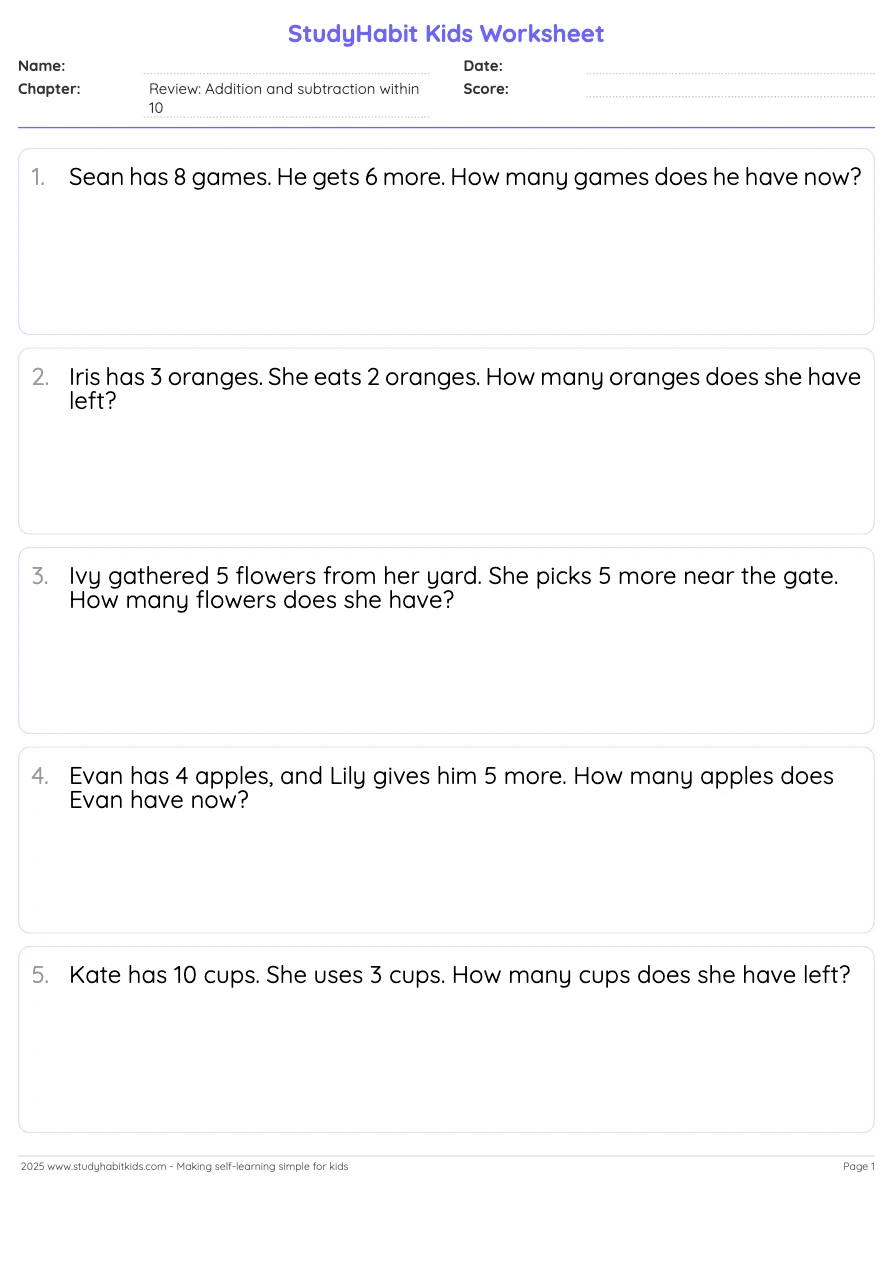 First Grade Word Problems Review: Addition and subtraction within 10 ...