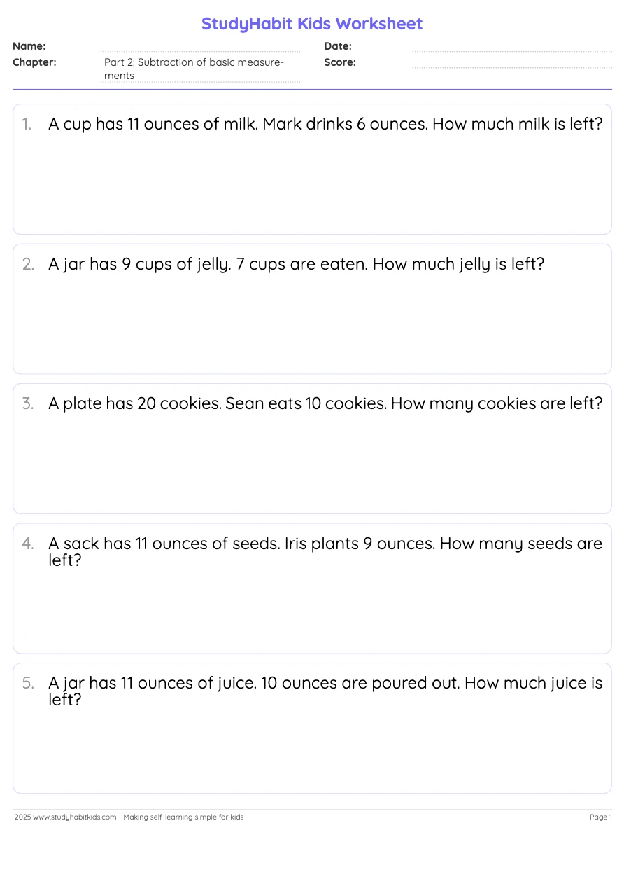 First Grade Word Problems Subtraction of basic measurements within 20 ...