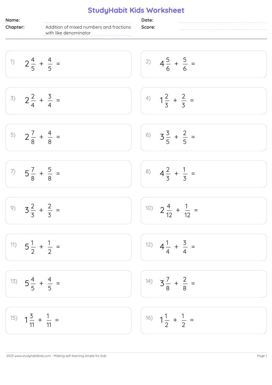 Fourth Grade Addition Addition of mixed numbers and fractions with like ...