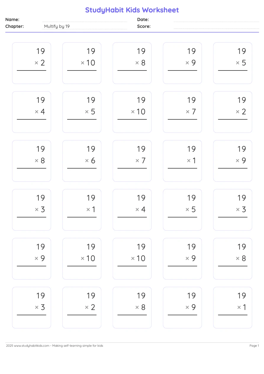 Fourth Grade Multiplication Multify by 19 worksheet preview - Free ...