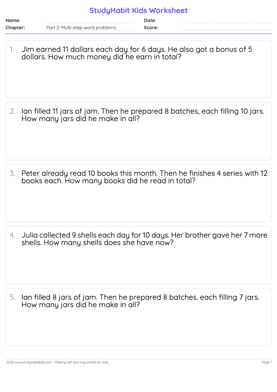 Multiple Grade 4 Math Problems Fourth Grade Word Problems Multi-step problems with multiplication ...