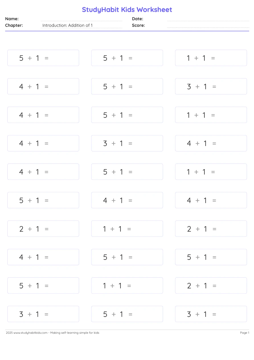 Kindergarten Addition Addition of 1 with numbers upto 5 worksheet ...