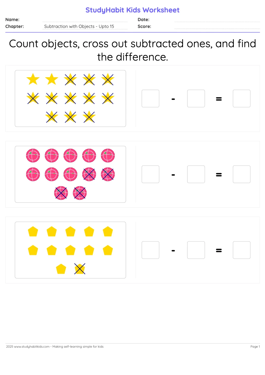 Kindergarten Subtraction Subtract objects and write the difference upto ...