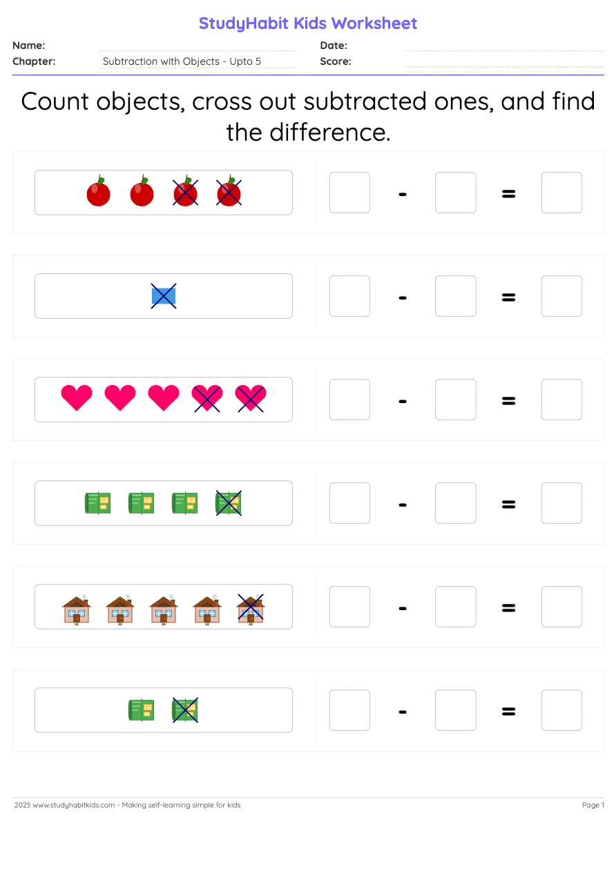 Object Substraction Kindergarten Subtraction Subtract objects and write the difference upto ...