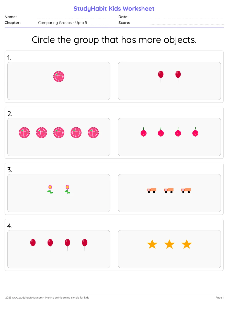 Pre-Kindergarten Comparing Identify which group has more objects upto 5 ...