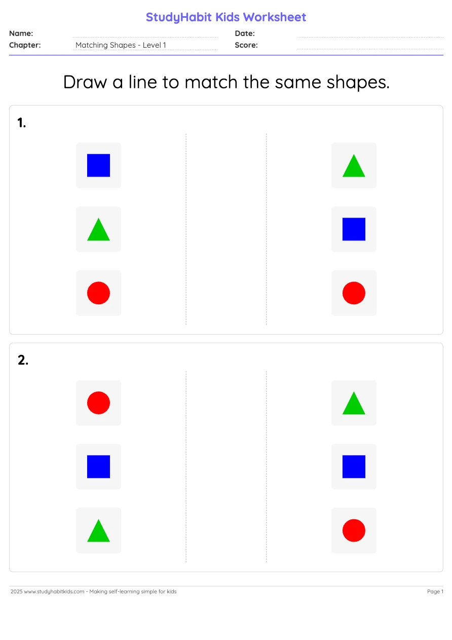 Pre-Kindergarten Matching Match 3 pairs of shapes worksheet preview ...
