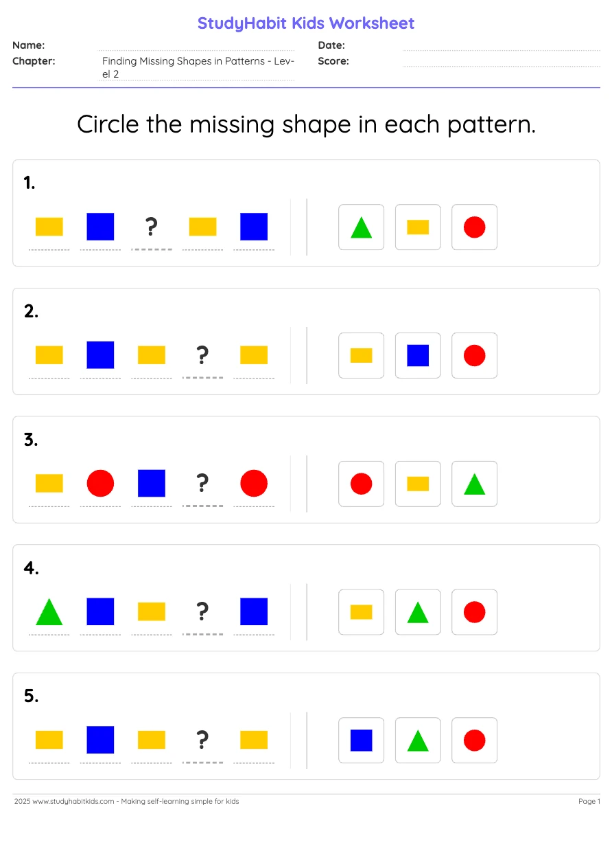 Pre-Kindergarten Patterns Find the missing shape in moderately complex ...