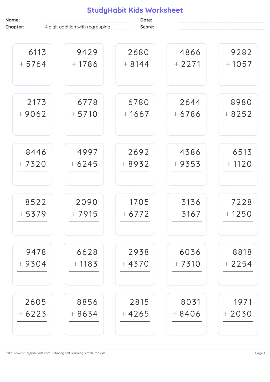 Third Grade Addition 4 digit addition with regrouping worksheet preview ...