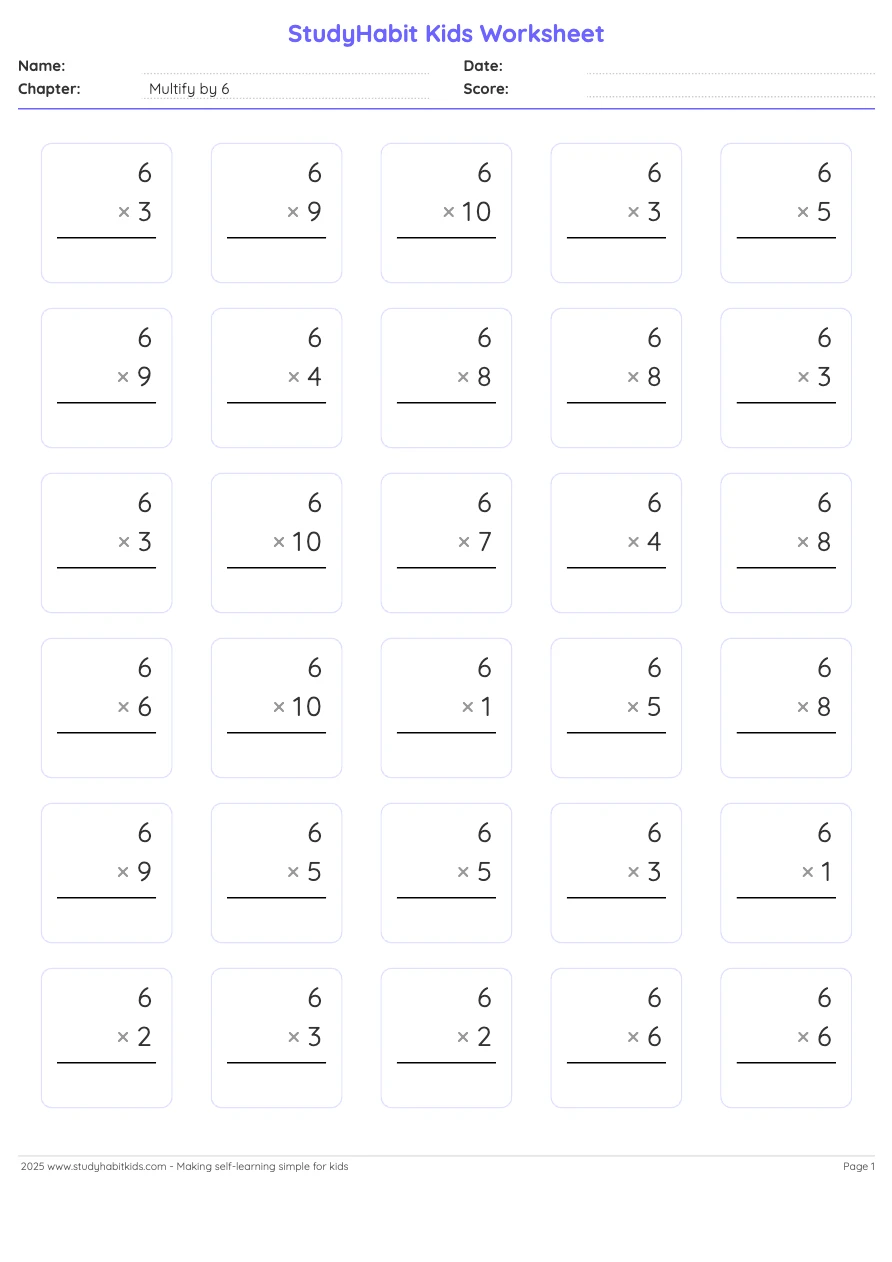 Third Grade Multiplication Multify by 6 worksheet preview - Free ...