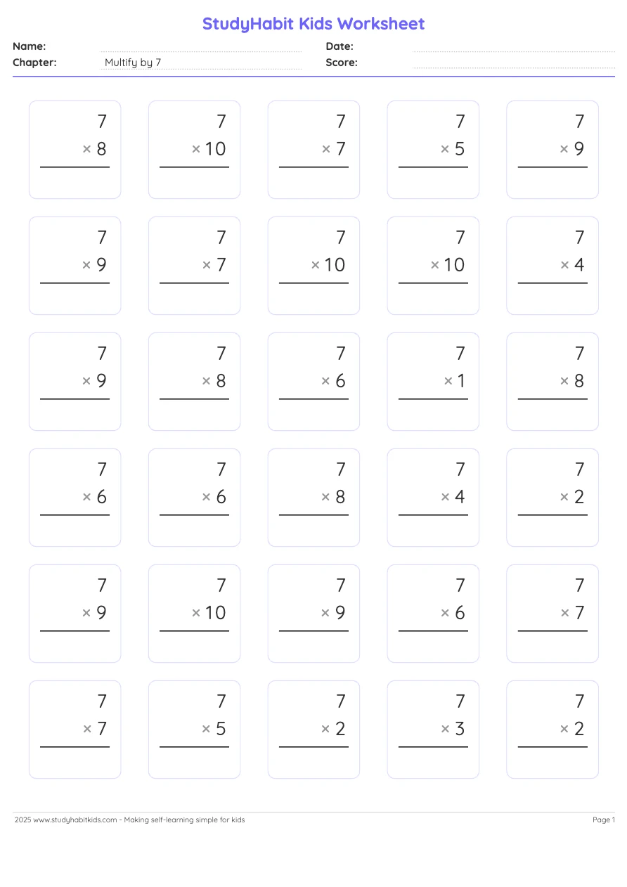 Third Grade Multiplication Multify by 7 worksheet preview - Free ...