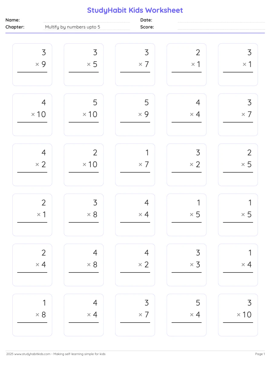 Third Grade Multiplication Multify by numbers upto 5 worksheet preview ...