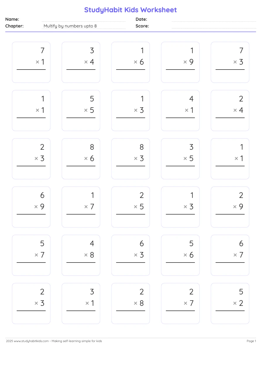 Third Grade Multiplication Multify by numbers upto 8 worksheet preview ...