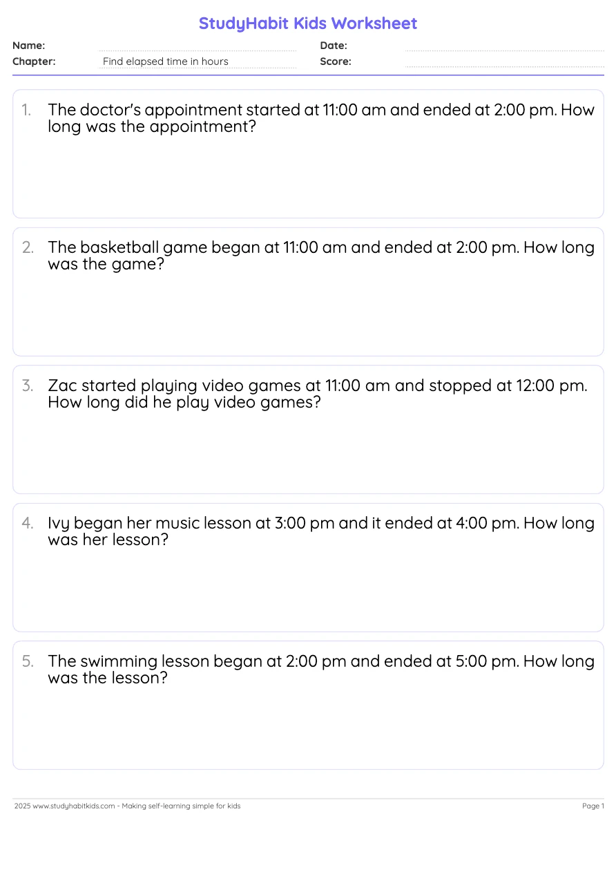 Third Grade Time Elapsed time in hours worksheet preview - Free ...