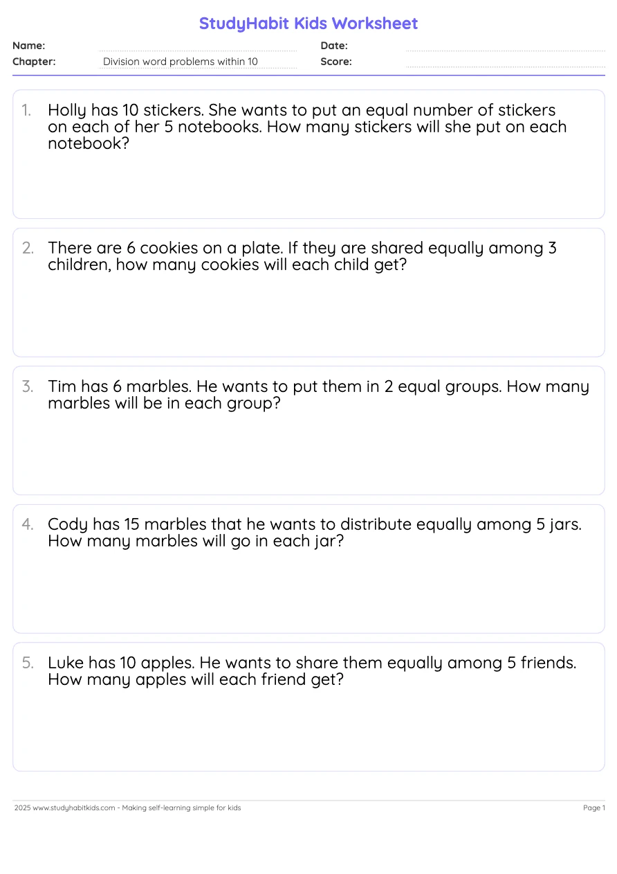 Third Grade Word Problems Division word problems within 10 worksheet ...