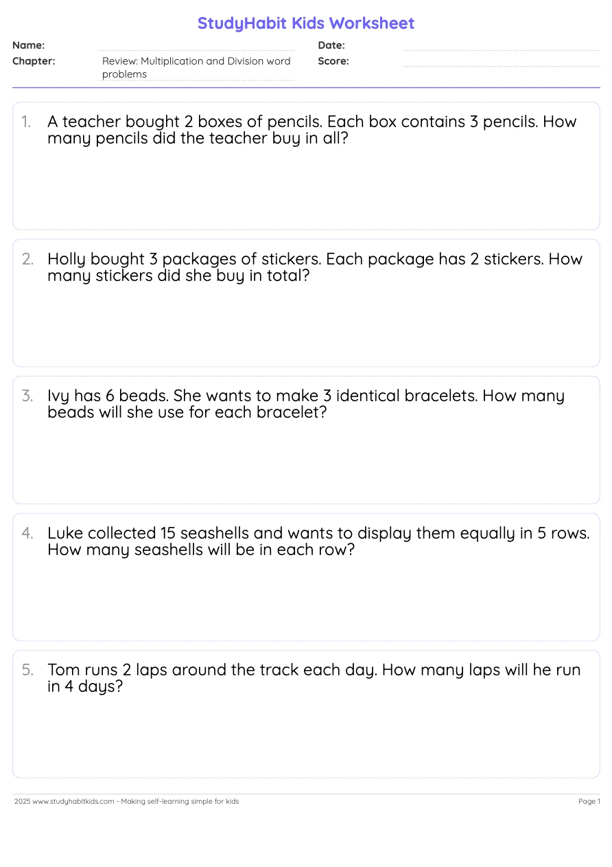 Third Grade Word Problems Review of word problems from Multiplication ...